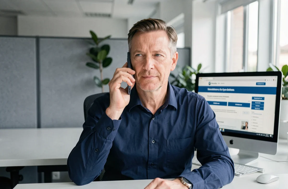 Homme en conversation téléphonique avec le service client URSSAF depuis son bureau professionnel