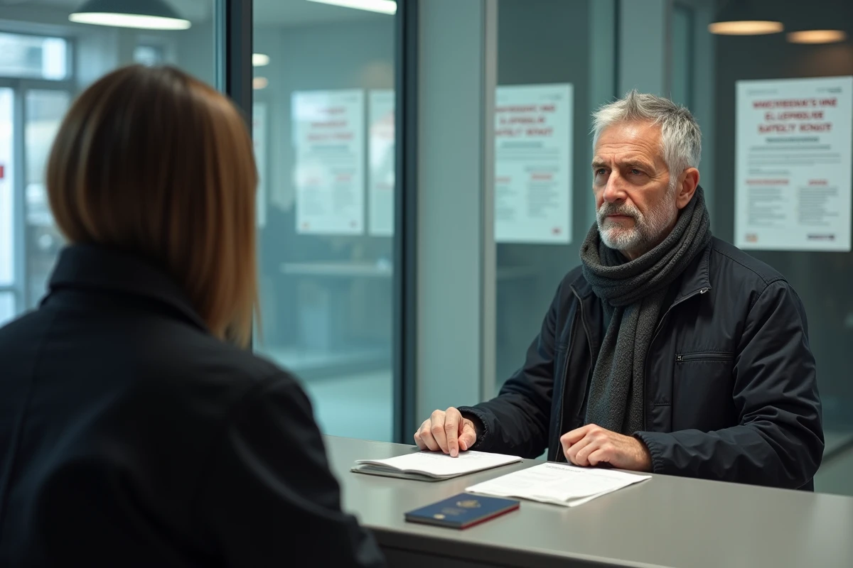 Homme &eacute;coute une agent de s&eacute;curit&eacute; au comptoir &agrave; Lyon