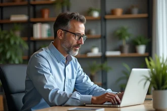 Homme d'âge moyen lisant des avis sur son ordinateur