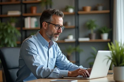 Homme d'âge moyen lisant des avis sur son ordinateur