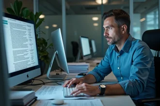 Homme d'âge moyen examinant un texte illisible sur son écran d'ordinateur