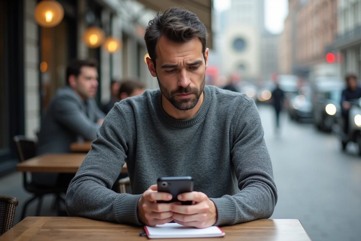 Homme d age moyen au café en ville avec smartphone et carnet