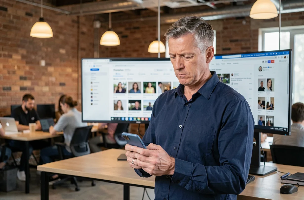 Homme en espace de coworking décryptant des informations sur son smartphone face à des résultats de recherche sur écran