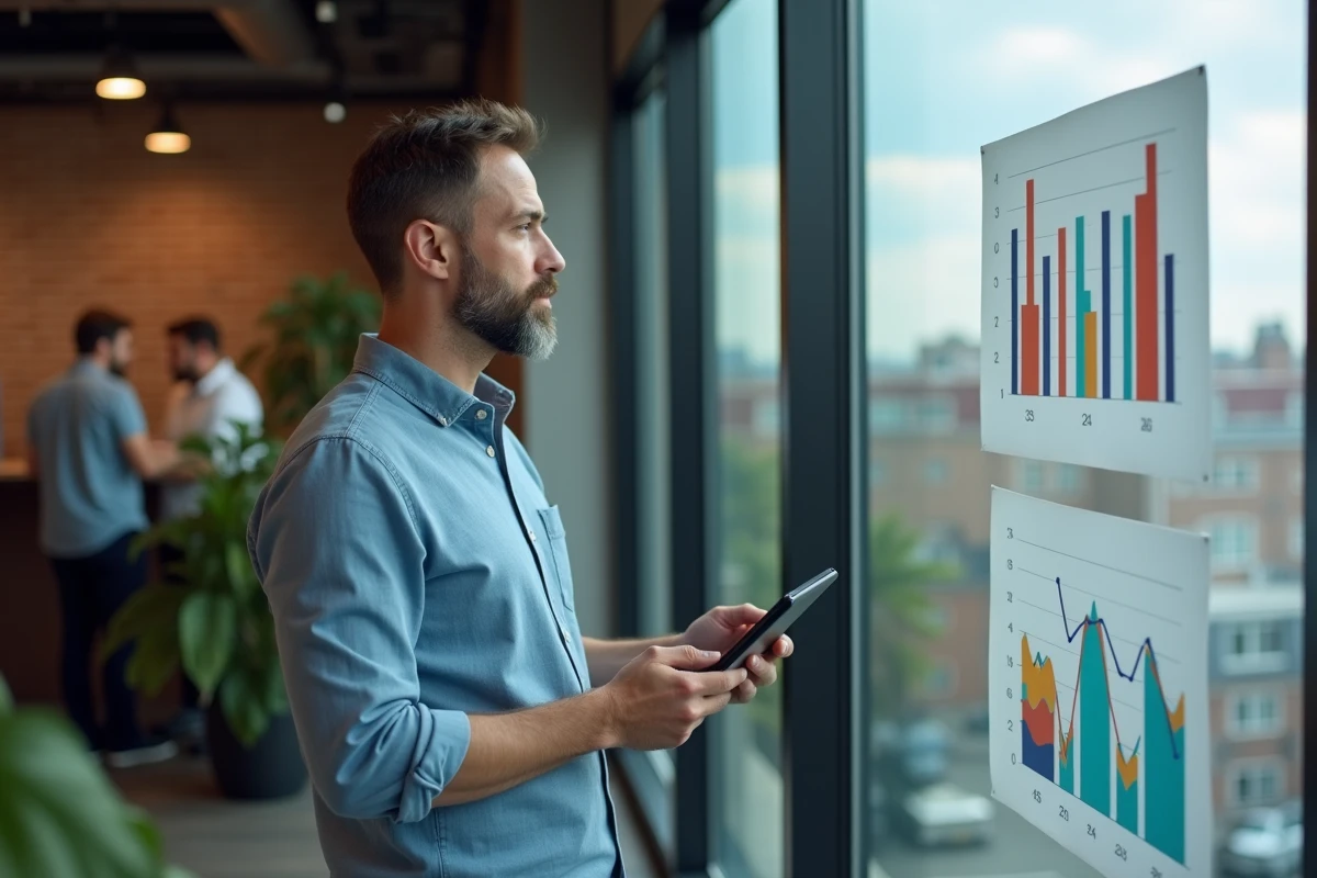 Homme d age moyen avec graphique dans espace de coworking