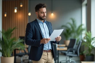 Homme en blazer examinant des documents dans un bureau moderne