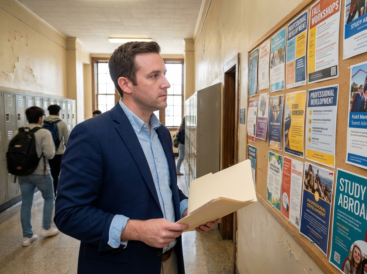 Homme d age moyen regardant un panneau d affichage universitaire