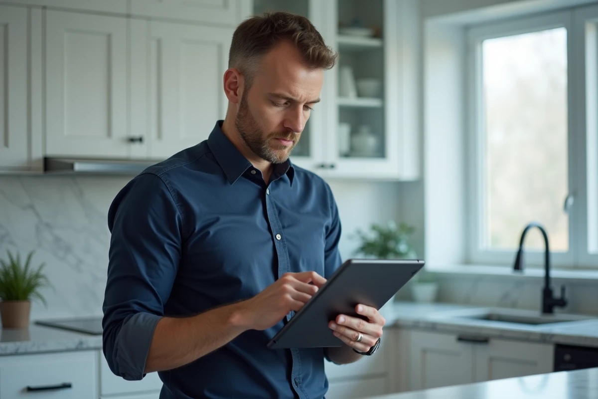 Homme vérifiant sa facture en ligne AKEO Télécom sur une tablette dans une cuisine moderne