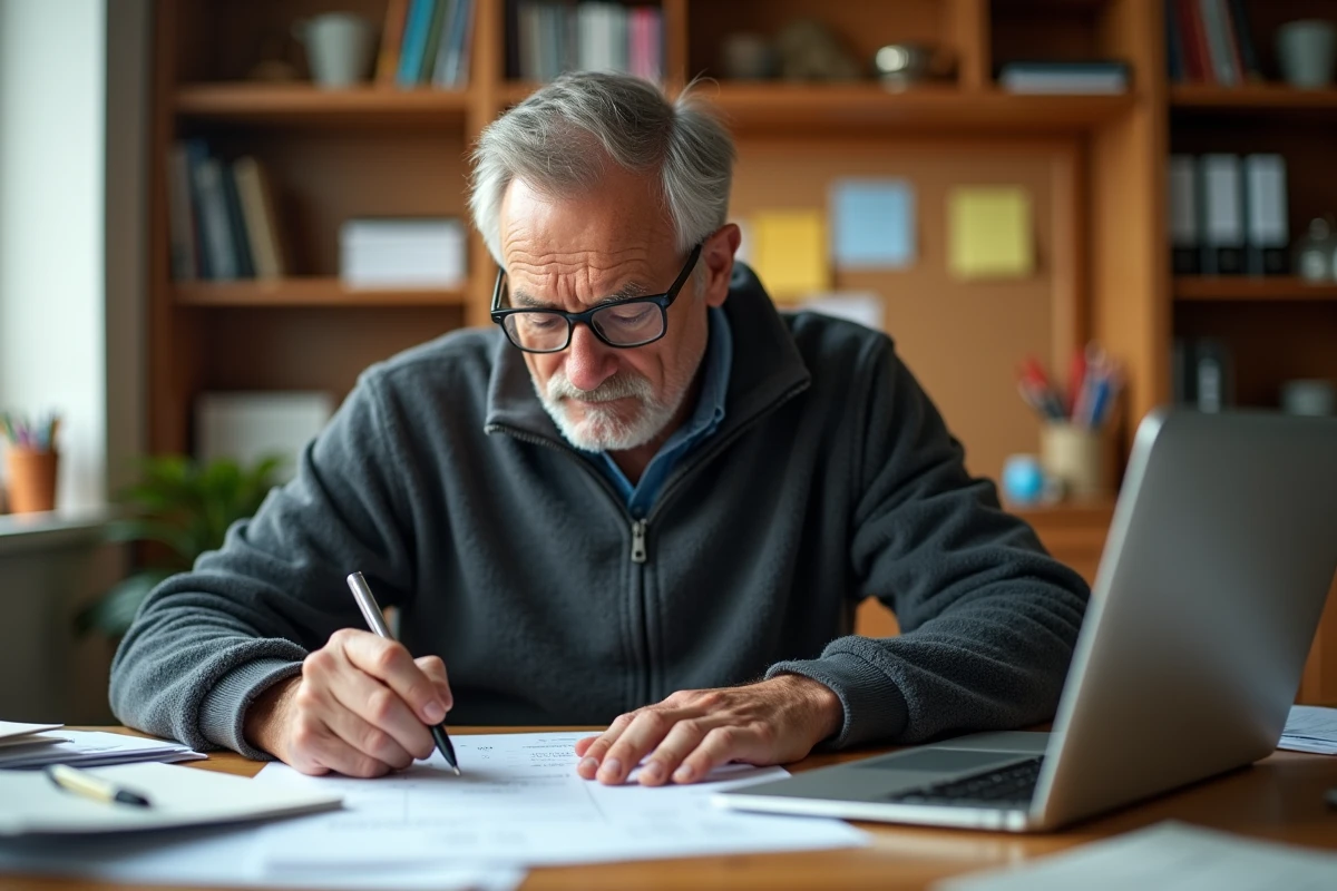 Homme remplissant un formulaire de réexpédition postale dans un bureau à domicile pour corriger une erreur d'adresse