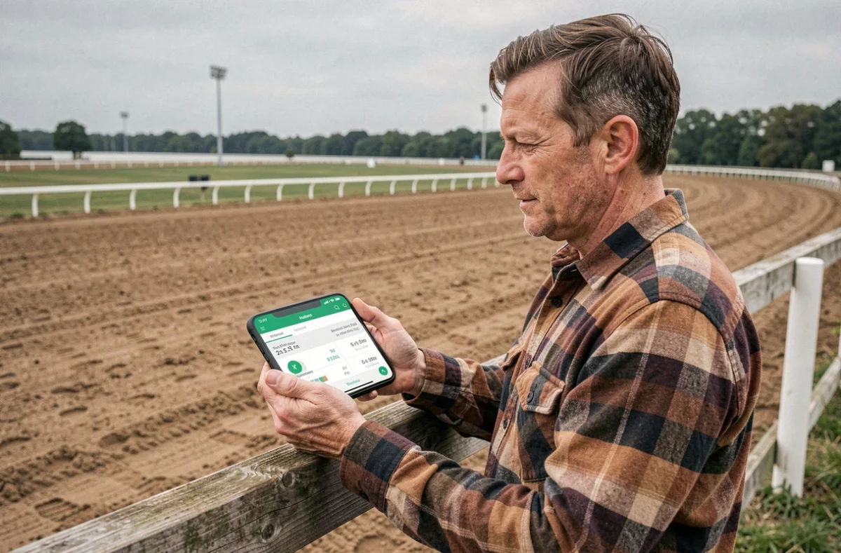 Homme passionné de trot consultant Infonet5 sur smartphone au bord d'un hippodrome de trot attelé