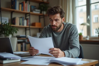 Homme inquiet lisant une lettre de radiation Pôle emploi à son bureau à domicile