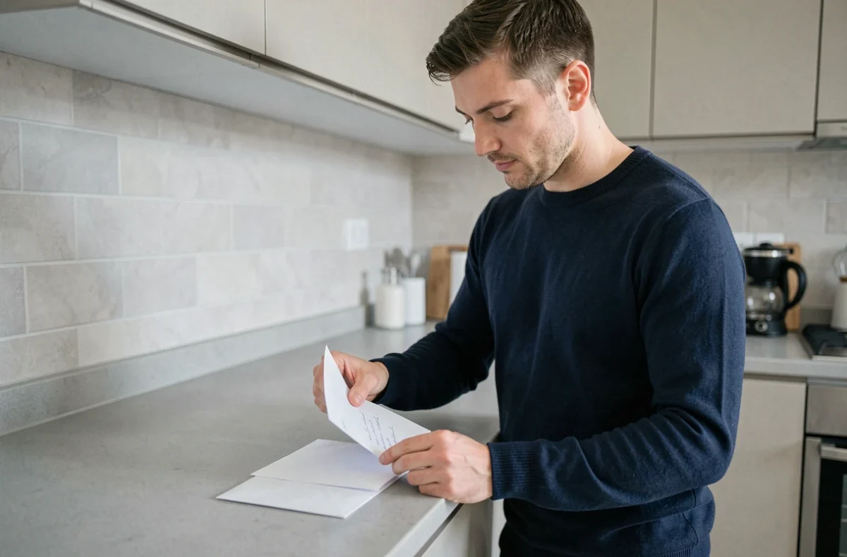 Homme pliant une lettre de motivation manuscrite et la glissant dans une enveloppe dans sa cuisine moderne