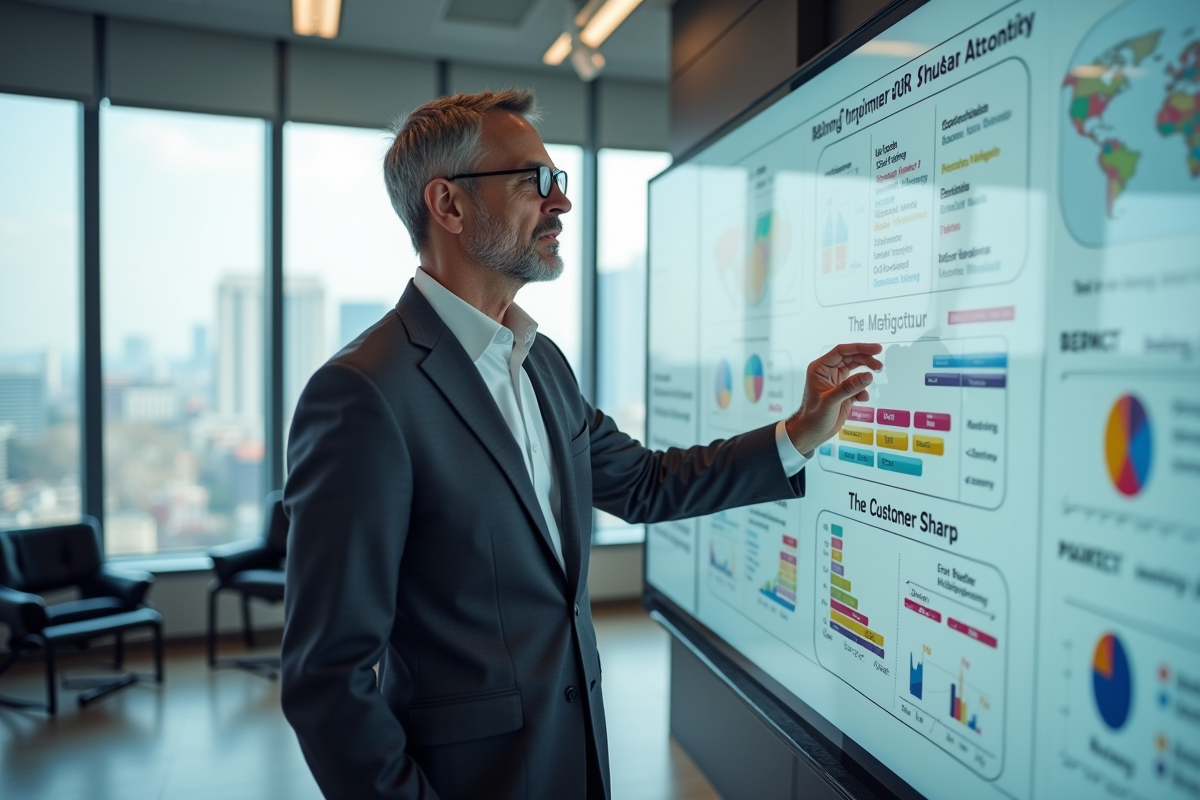 Homme en costume expliquant un diagramme GRC en réunion