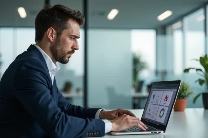 Jeune homme en costume analysant un logo sur son ordinateur
