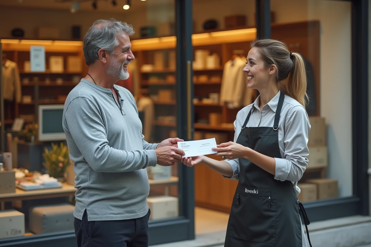Homme remettant un chèque Shopping Pass à une vendeuse lors d'un achat en magasin