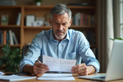 Homme stressé relisant un devis signé avec acompte avant de répondre à une mise en demeure