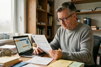 Homme stressé lisant un courrier de rejet de prélèvement bancaire à son bureau à domicile