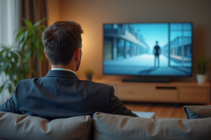 Homme en costume regardant la télévision dans un salon moderne