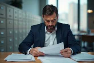 Homme en costume dans un bureau moderne en pleine réflexion