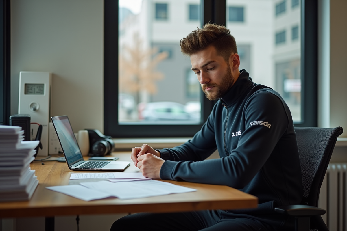 Jeune homme pensif au bureau près de la salle de sport