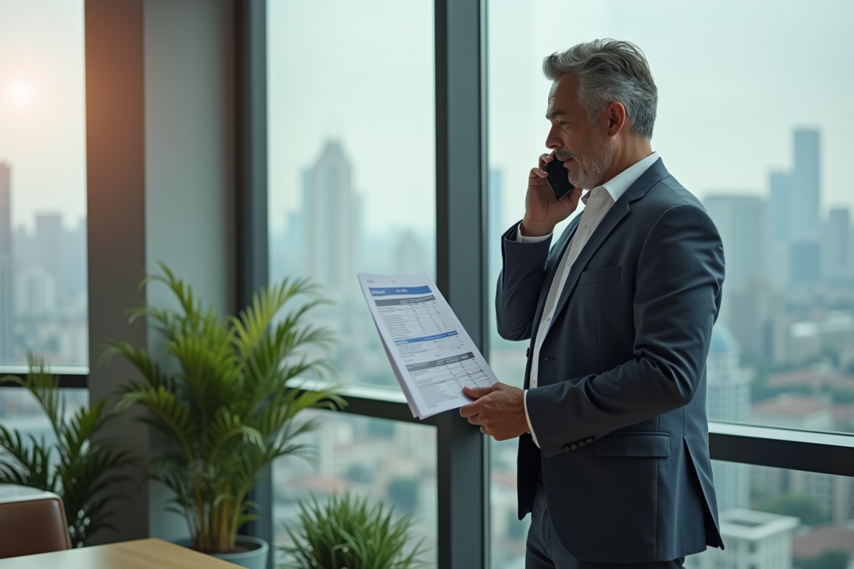 Homme d affaires parlant au téléphone avec vue urbaine
