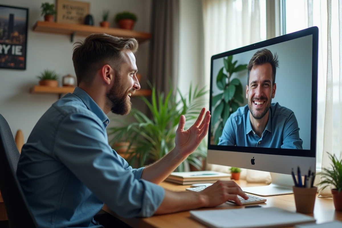 Vendeur expliquant un produit lors d&rsquo;un appel vid&eacute;o &agrave; domicile
