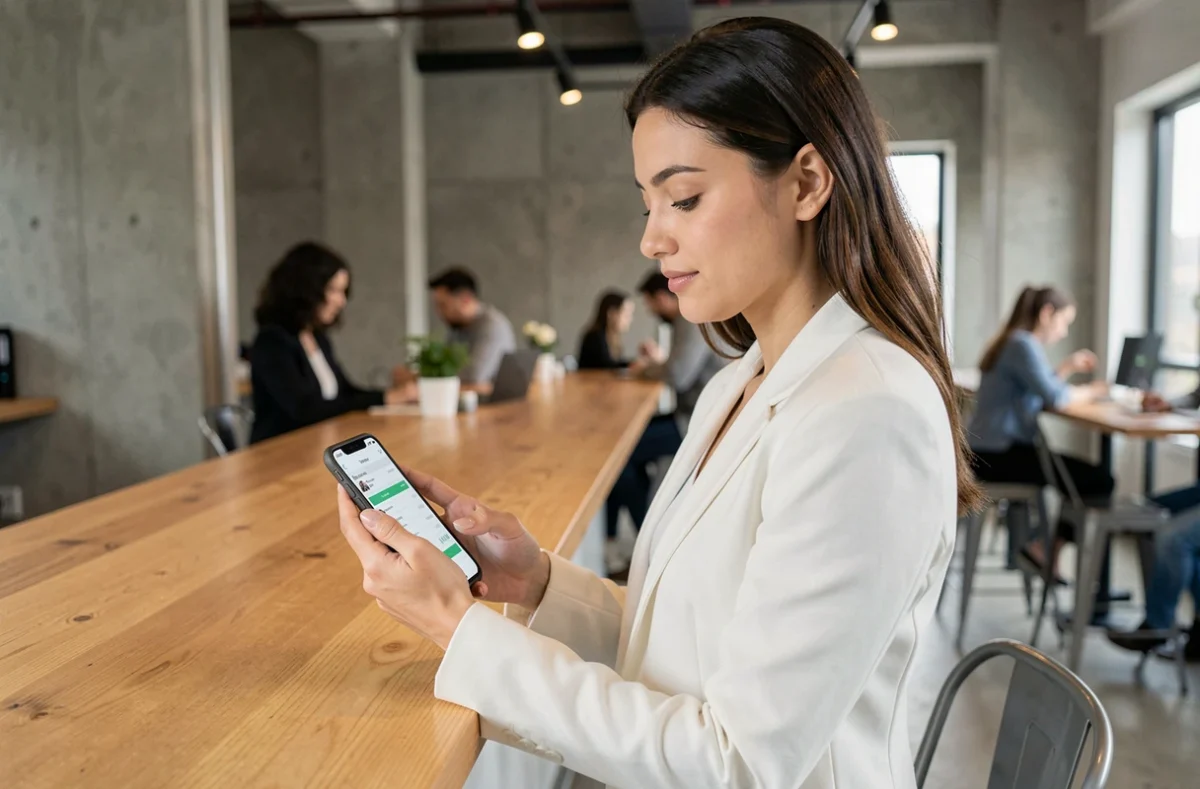 Jeune professionnelle accédant à son espace paie Nibelis depuis un smartphone dans un espace de coworking