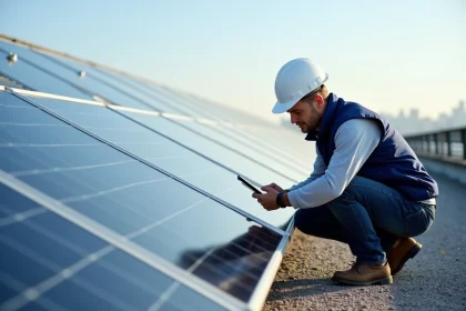 Ingénieur solaire inspectant des panneaux photovoltaïques installés sur un toit urbain avec une tablette de diagnostic, projet SYLVIDRA ENERGY 2026