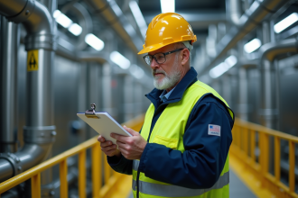 Inspecteur sécurité en uniforme dans une usine moderne