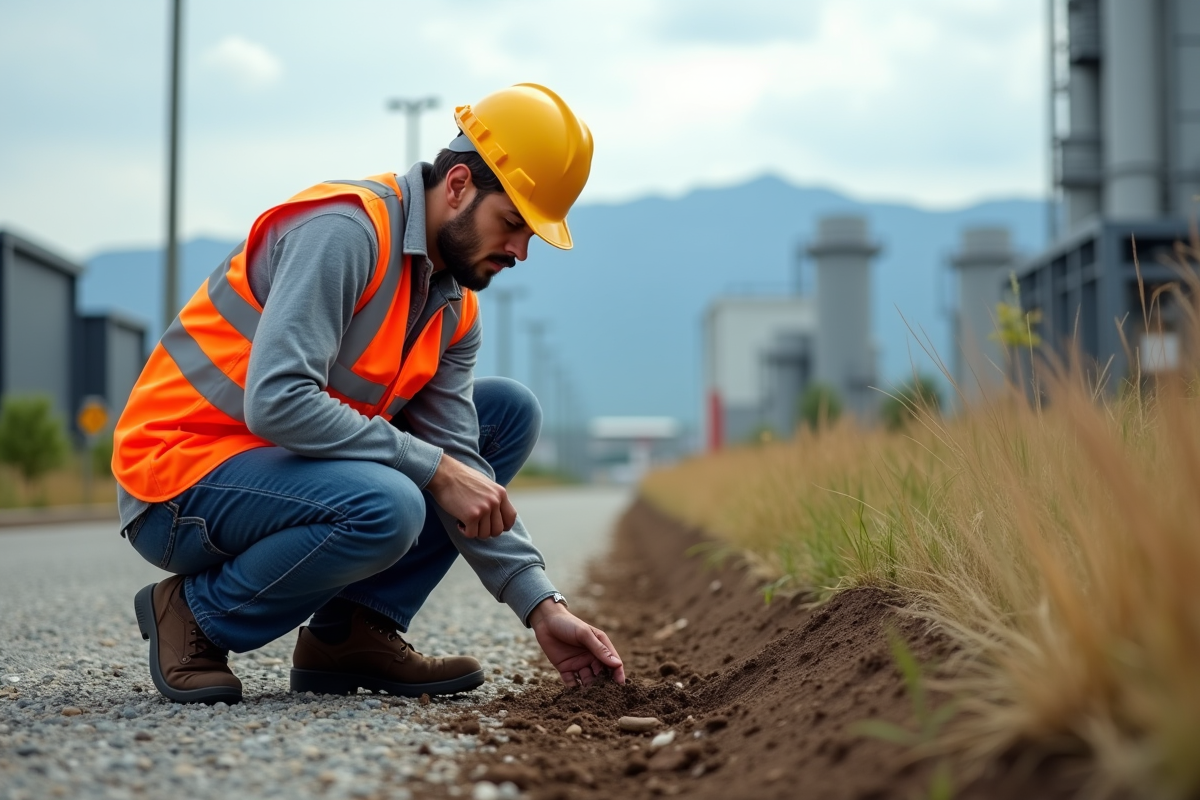 Inspecteur environnement prenant des échantillons de sol