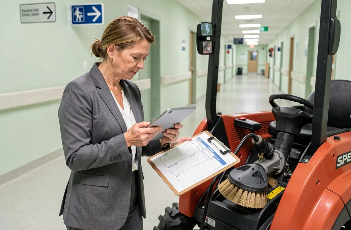 Inspectrice qualité vérifiant la conformité hygiénique d'une autolaveuse Speed Scrub Rider lors d'un audit dans un couloir hospitalier