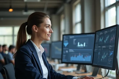 Professionnelle en blazer marine analysant un tableau de bord CRM sur deux écrans dans un bureau moderne, illustrant l'intégration d'outils marketing automation