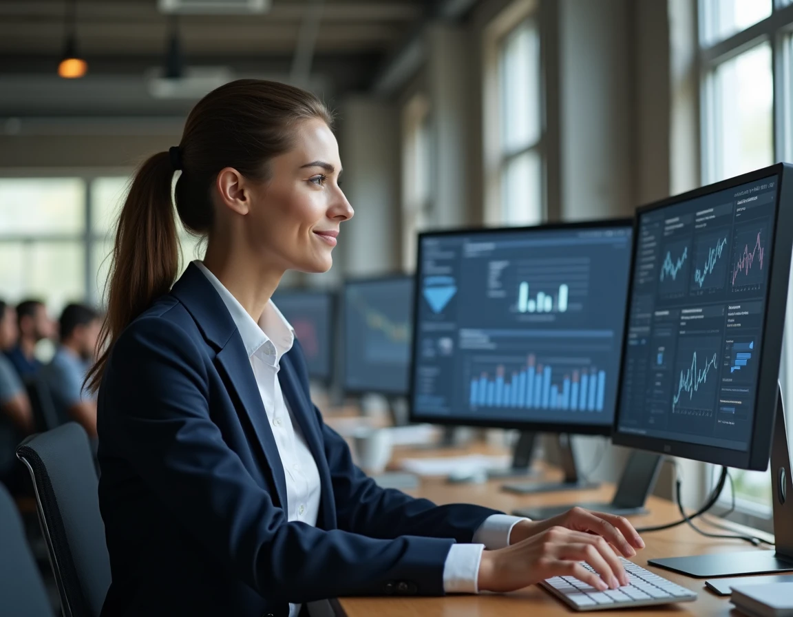 Professionnelle en blazer marine analysant un tableau de bord CRM sur deux écrans dans un bureau moderne, illustrant l'intégration d'outils marketing automation