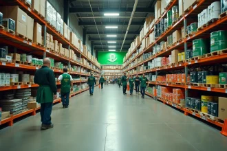 Intérieur d'un grand magasin de bricolage avec rayons et logo vert caractéristique rappelant l'univers Leroy Merlin