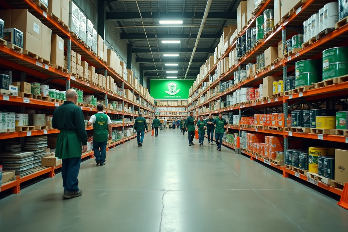 Intérieur d'un grand magasin de bricolage avec rayons et logo vert caractéristique rappelant l'univers Leroy Merlin