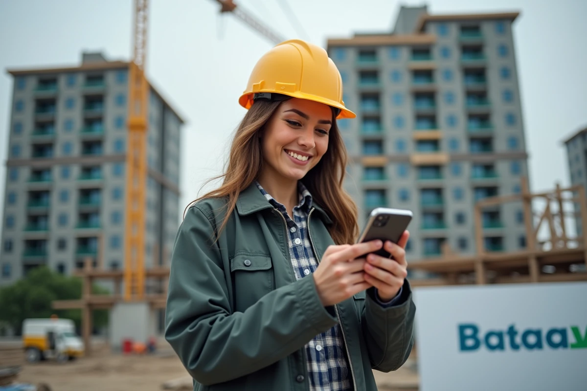 Jeune artisane souriante sur un chantier moderne