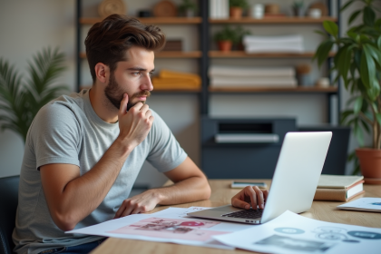 Jeune designer graphique examinant une &eacute;preuve couleur dans un bureau lumineux