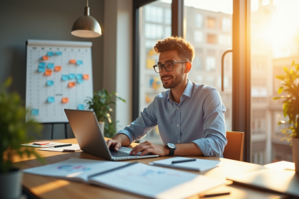 Jeune entrepreneur dans un bureau lumineux en matinée