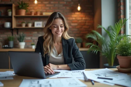 Jeune femme en blazer dans un bureau cr&eacute;atif