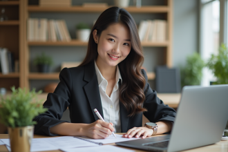 Jeune femme au bureau vérifiant sa liste avec sourire
