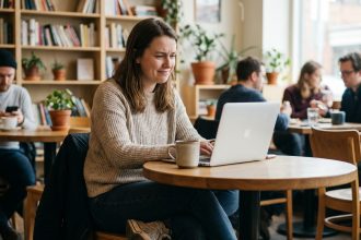 Jeune femme assise dans un café moderne avec ordinateur