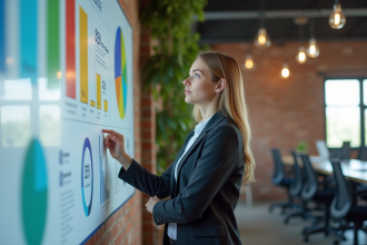 Jeune femme en tenue professionnelle analysant un graphique coloré