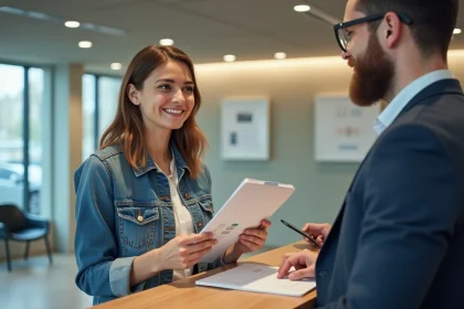 Jeune femme présente ses documents à un agent à Lyon