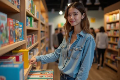 Jeune femme arrangeant des jeux de société en boutique