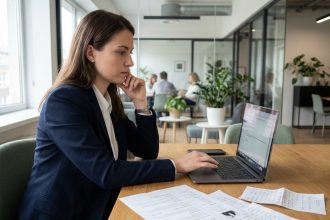 Femme professionnelle en bureau moderne en train de rédiger une candidature