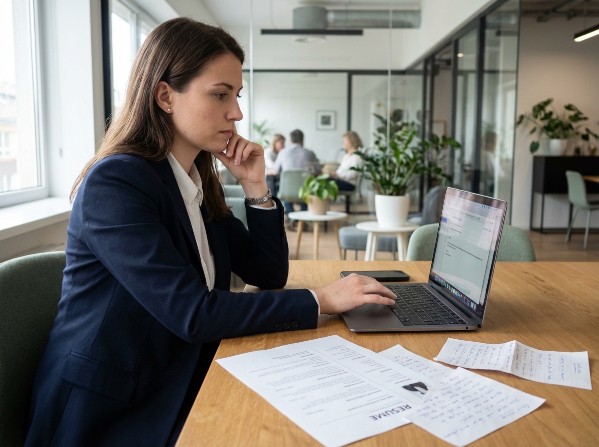 Femme professionnelle en bureau moderne en train de rédiger une candidature