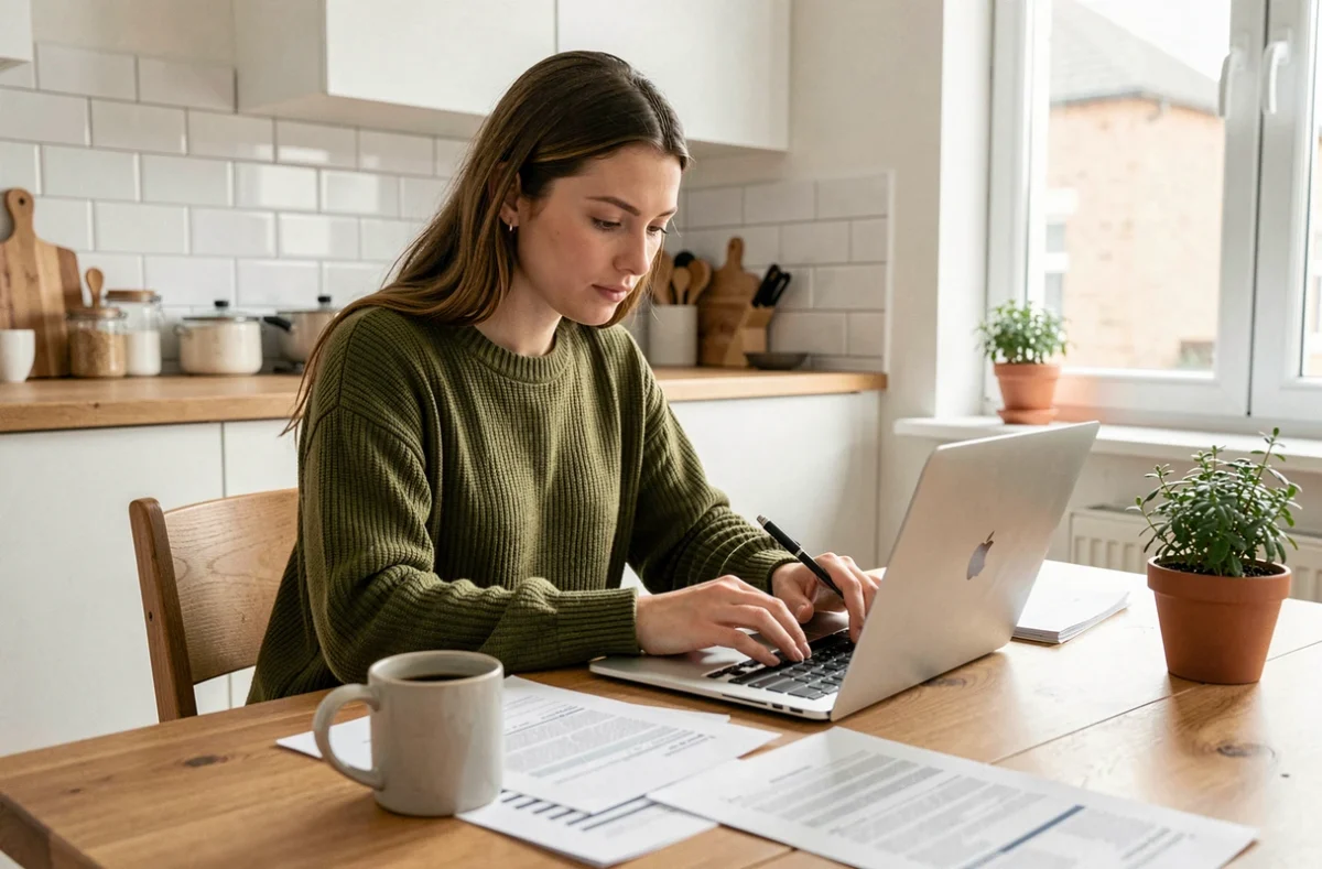 Jeune femme recherchant son numéro URSSAF en ligne avec des documents administratifs étalés sur sa table de cuisine