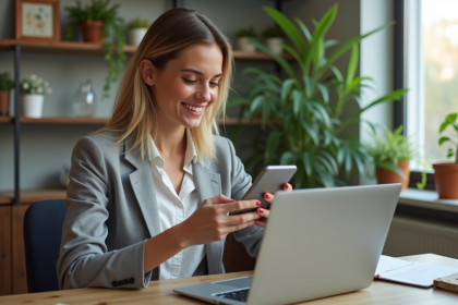 Jeune femme souriante avec smartphone dans un appartement moderne