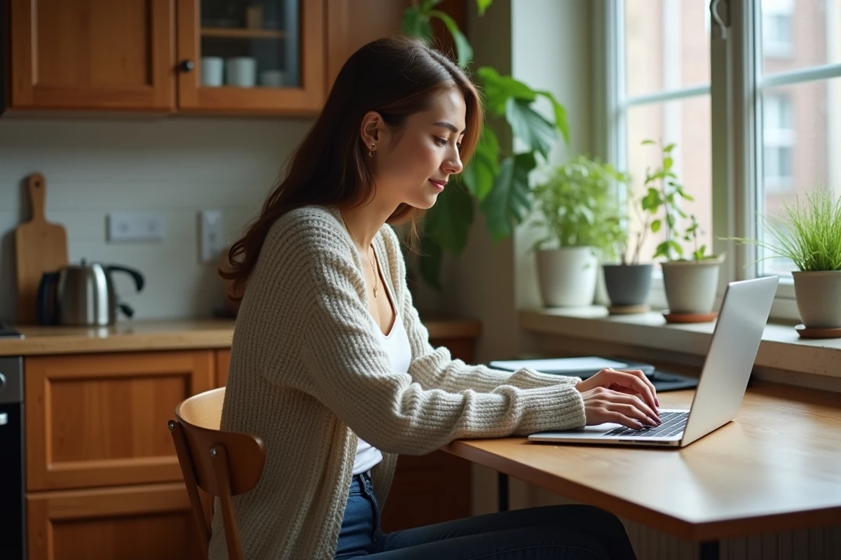 Jeune femme à la maison saisissant une idée sur son laptop