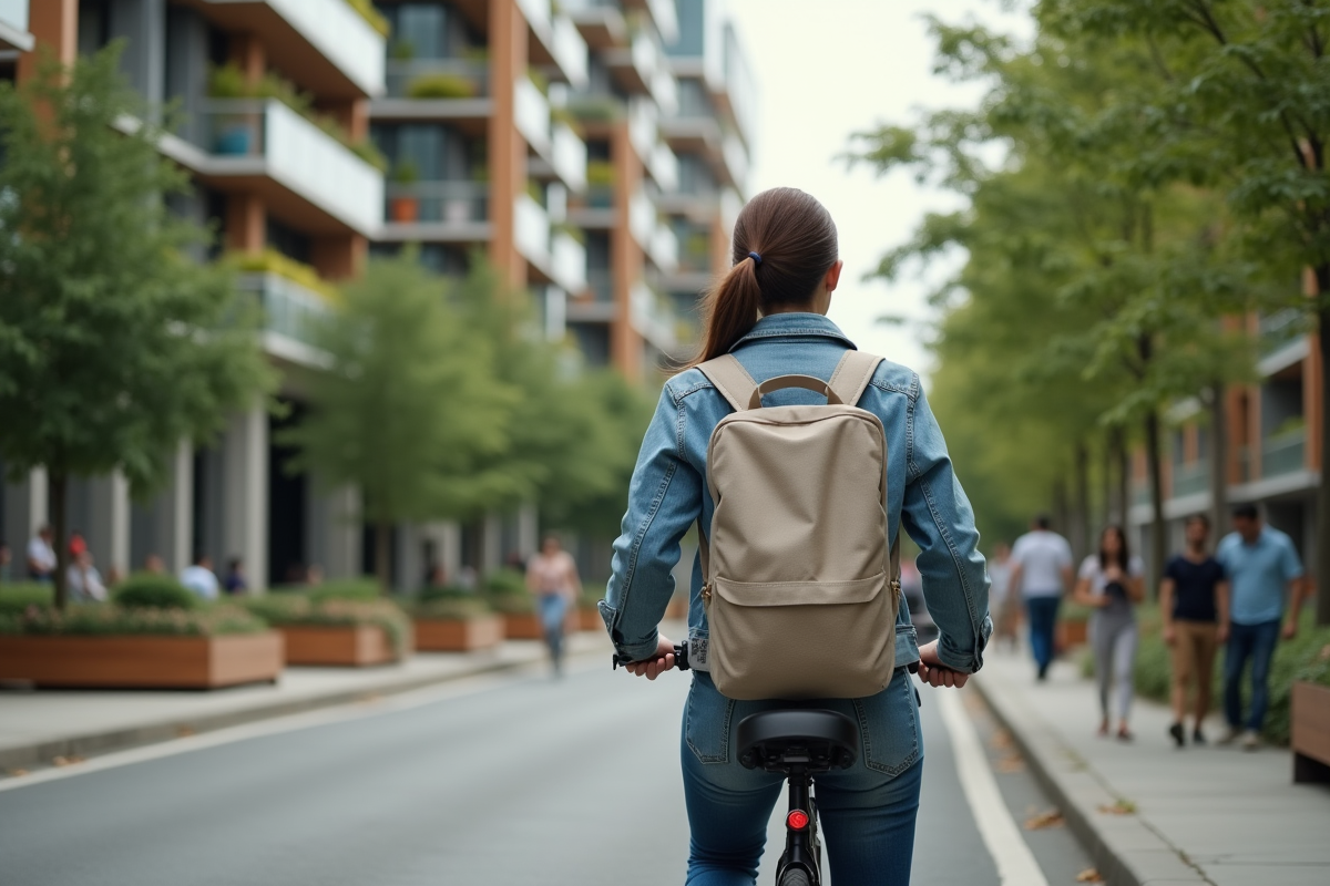 Jeune femme à vélo dans une rue arborée et durable