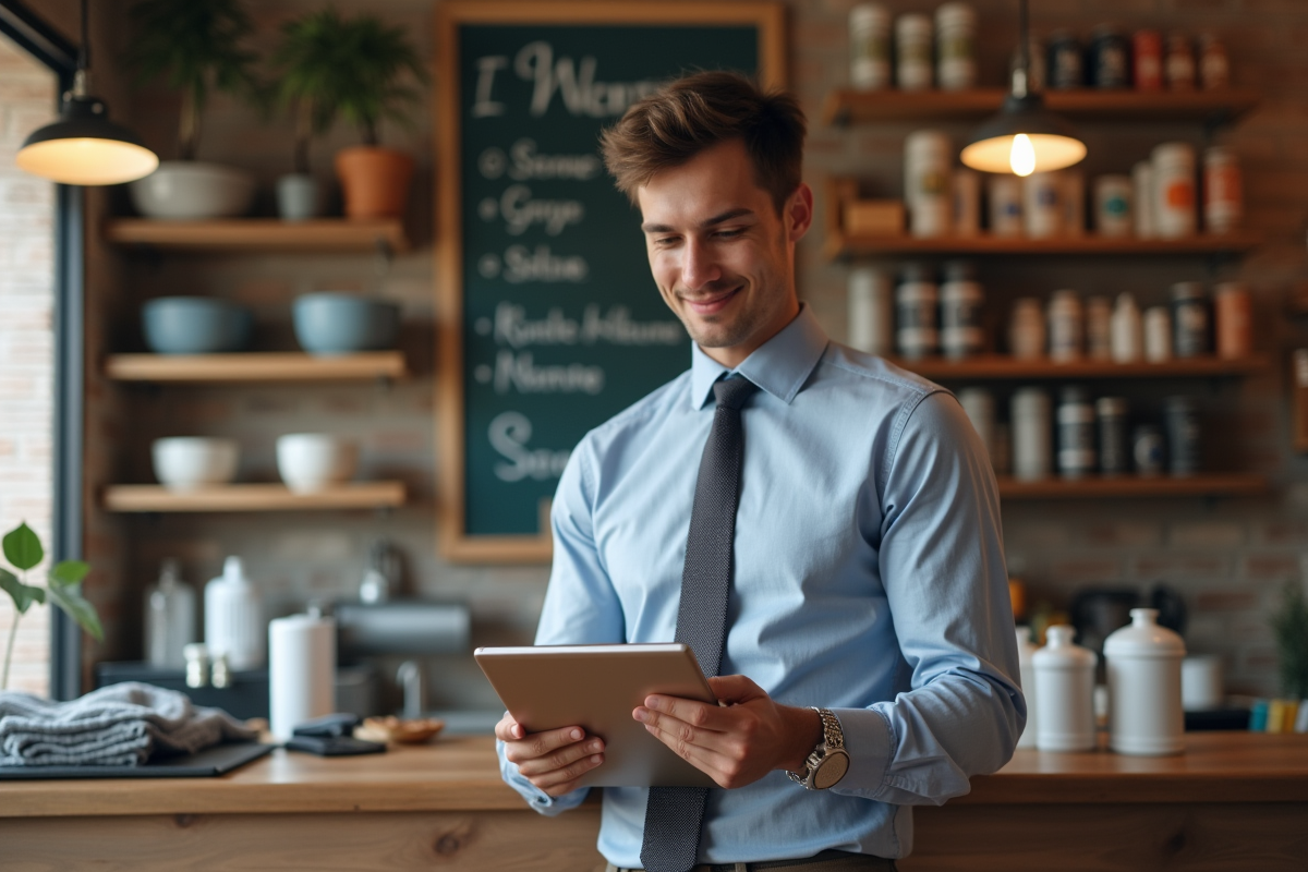 Jeune homme dans une boutique vérifiant un tableau et un clipboard
